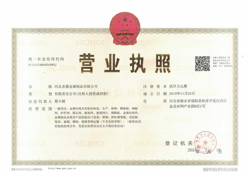 河北圣墨金屬制品有限公司企業資質